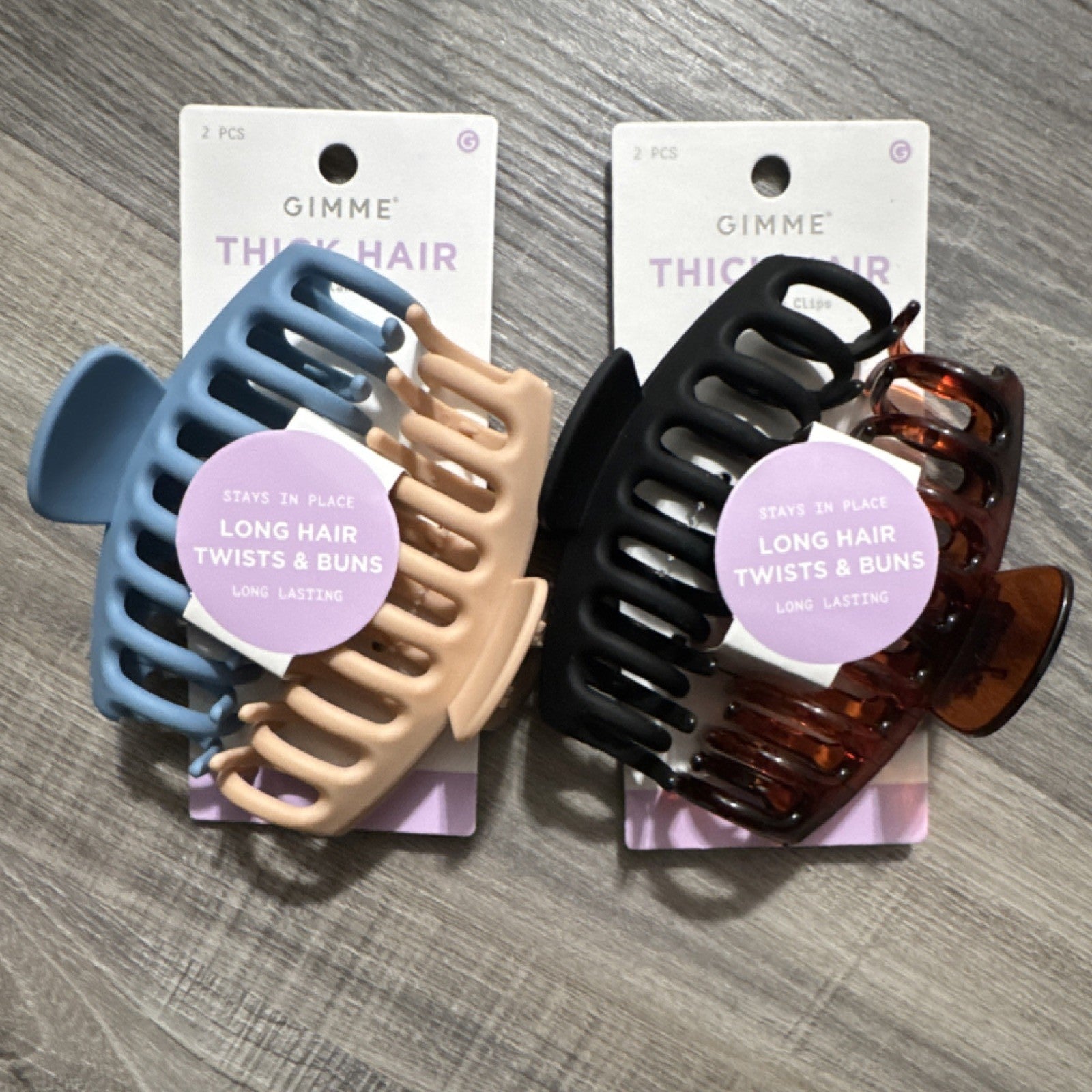 4  pack Gimme Thick Long Hair Claw Clips Blue Beige Black Brown Plastic