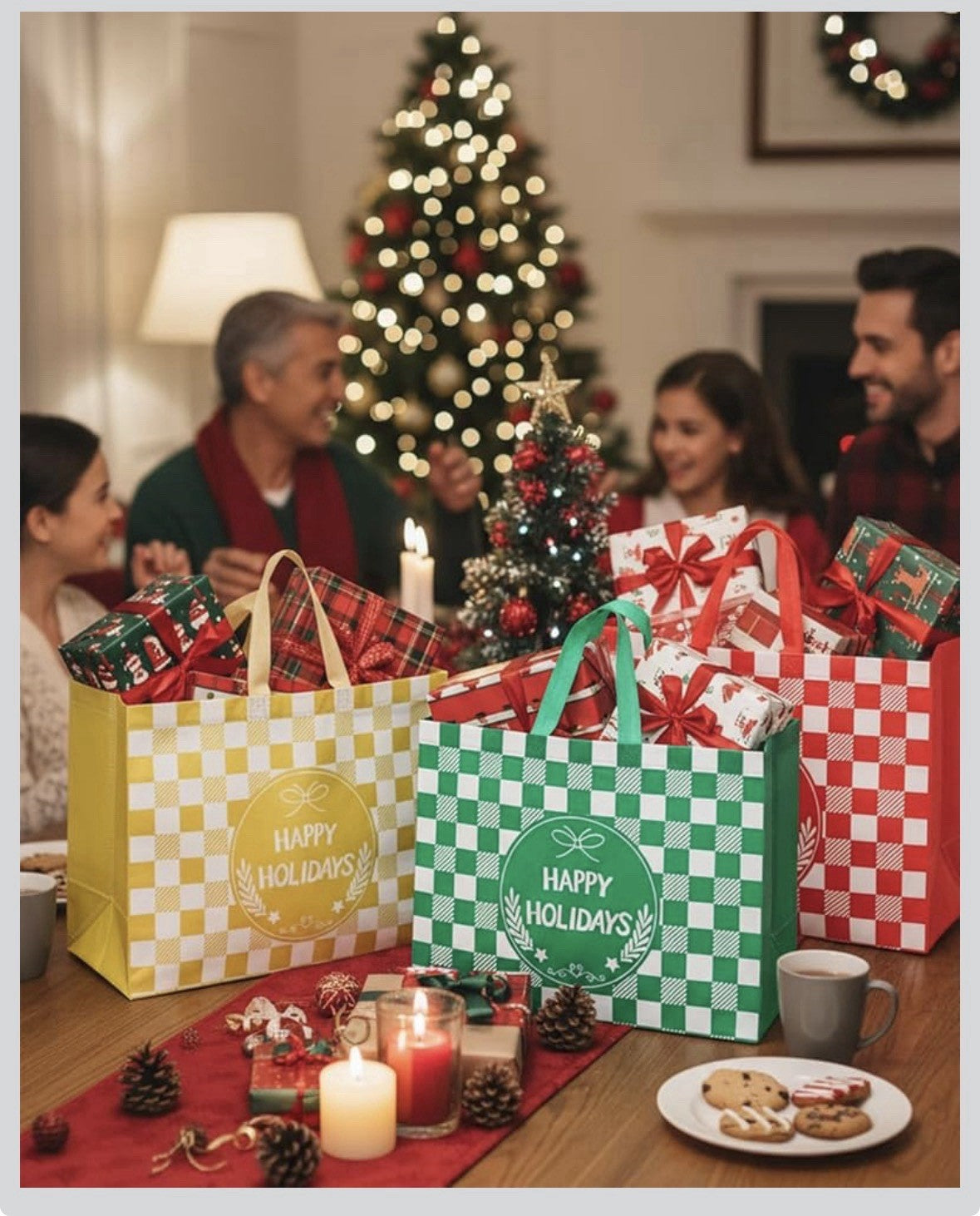 12pcs Extra Large Christmas Gift Tote Bags Checked Pattern Red Green Yellow