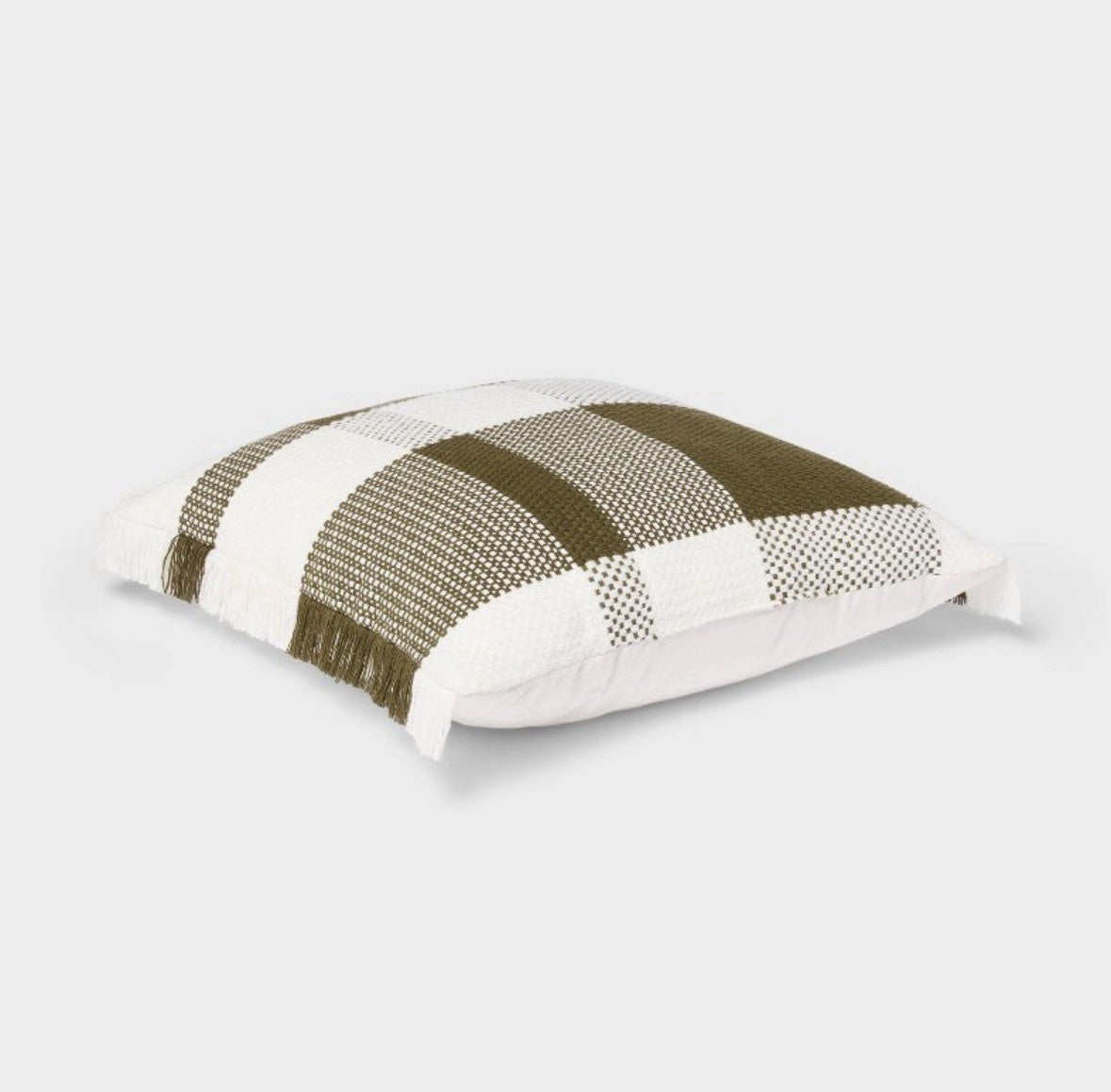 Plaid Square Throw Pillow Olive Green White Fringed Edges Decorative Home Accent