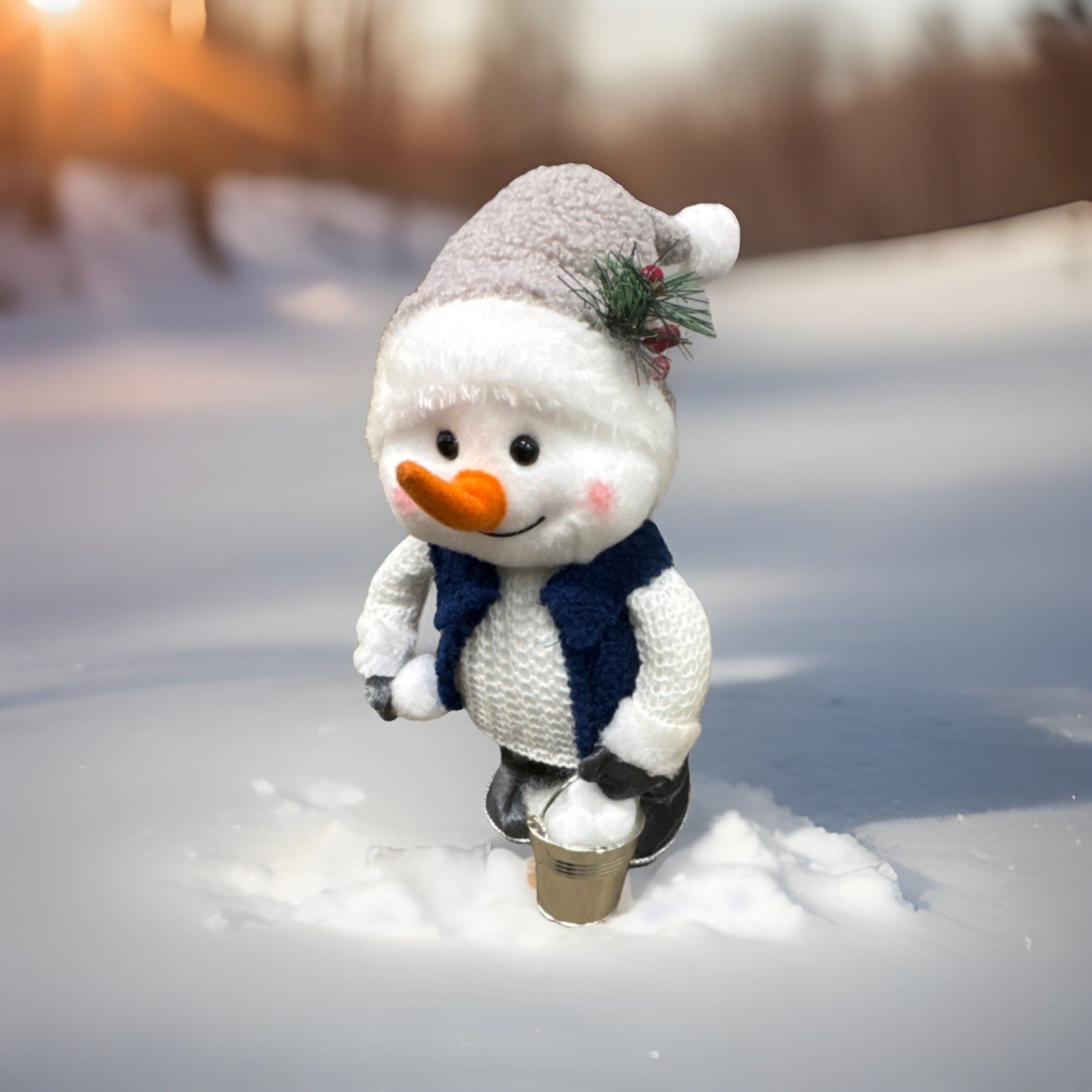Winter Holiday Snowman Figurine Blue Vest Bucket Seasonal Christmas Decor