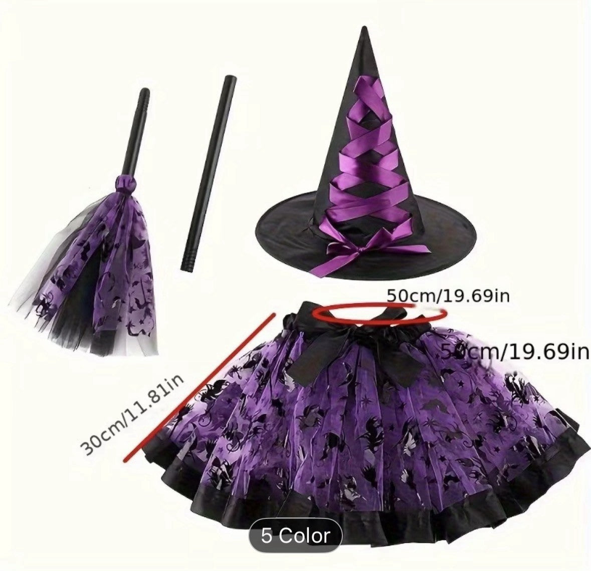 Purple Black Witch Costume Set Halloween Mesh Skirt Hat Broom Elastic