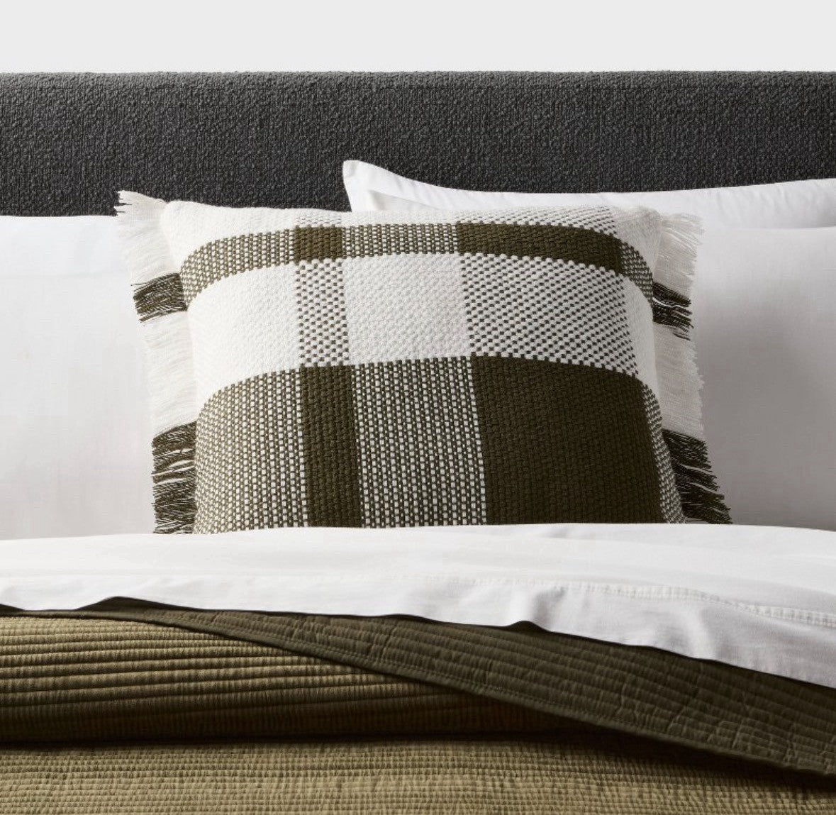 Plaid Square Throw Pillow Olive Green White Fringed Edges Decorative Home Accent