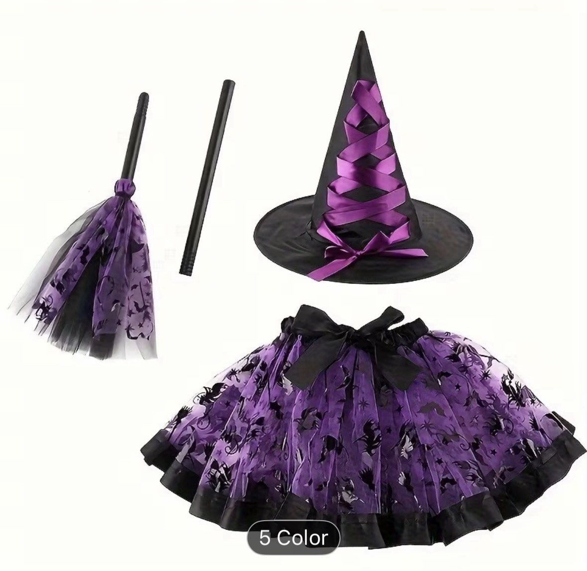 Purple Black Witch Costume Set Halloween Mesh Skirt Hat Broom Elastic
