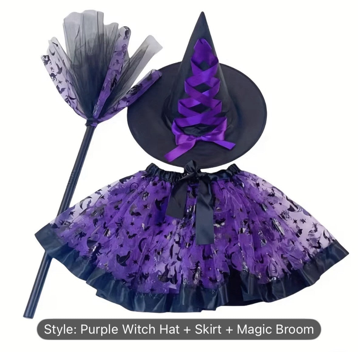 Purple Black Witch Costume Set Halloween Mesh Skirt Hat Broom Elastic