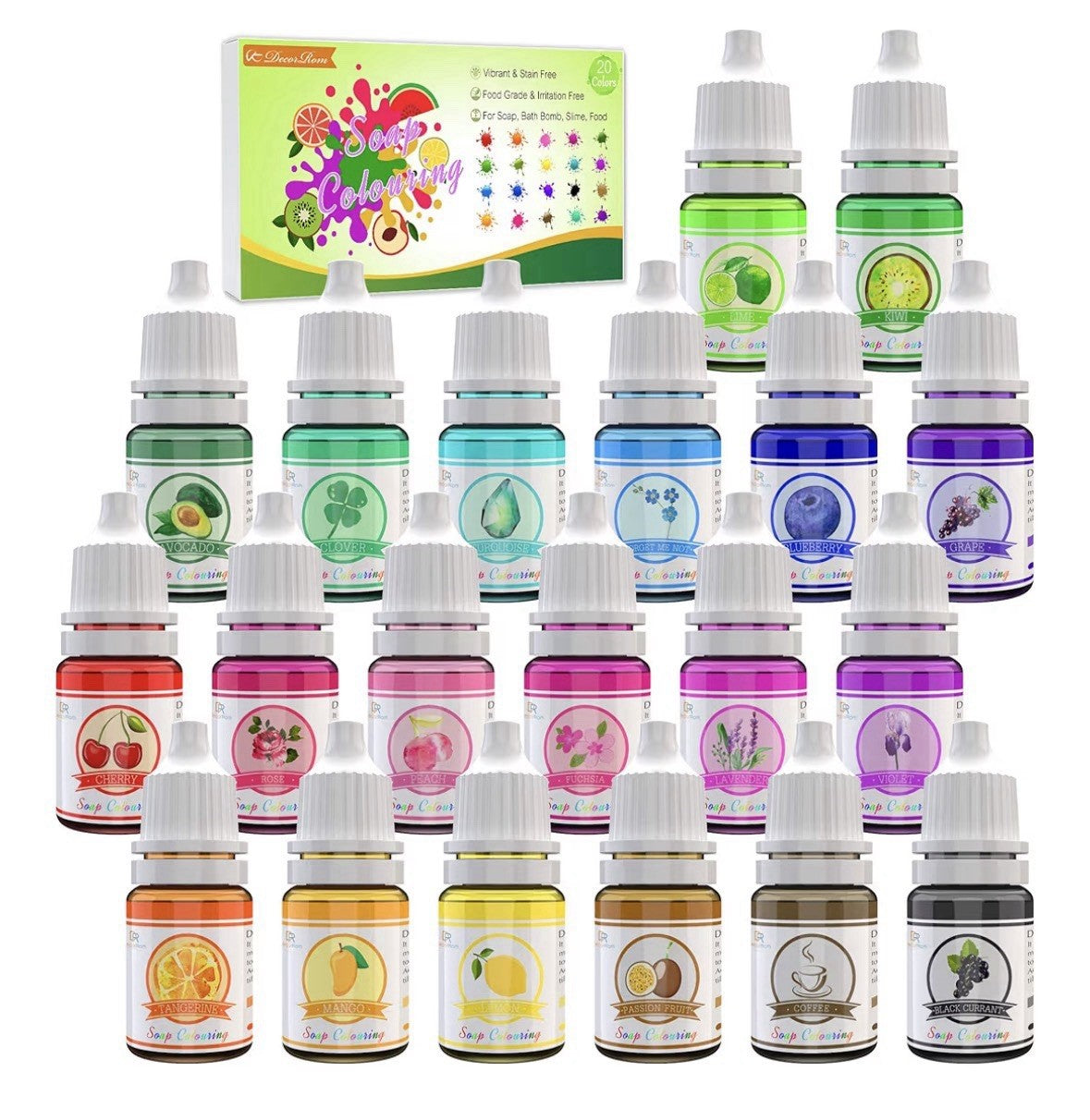 DecorRom 20 Colors Liquid Dye Set for Soap, Candle, Bath Bomb, Slime, Food