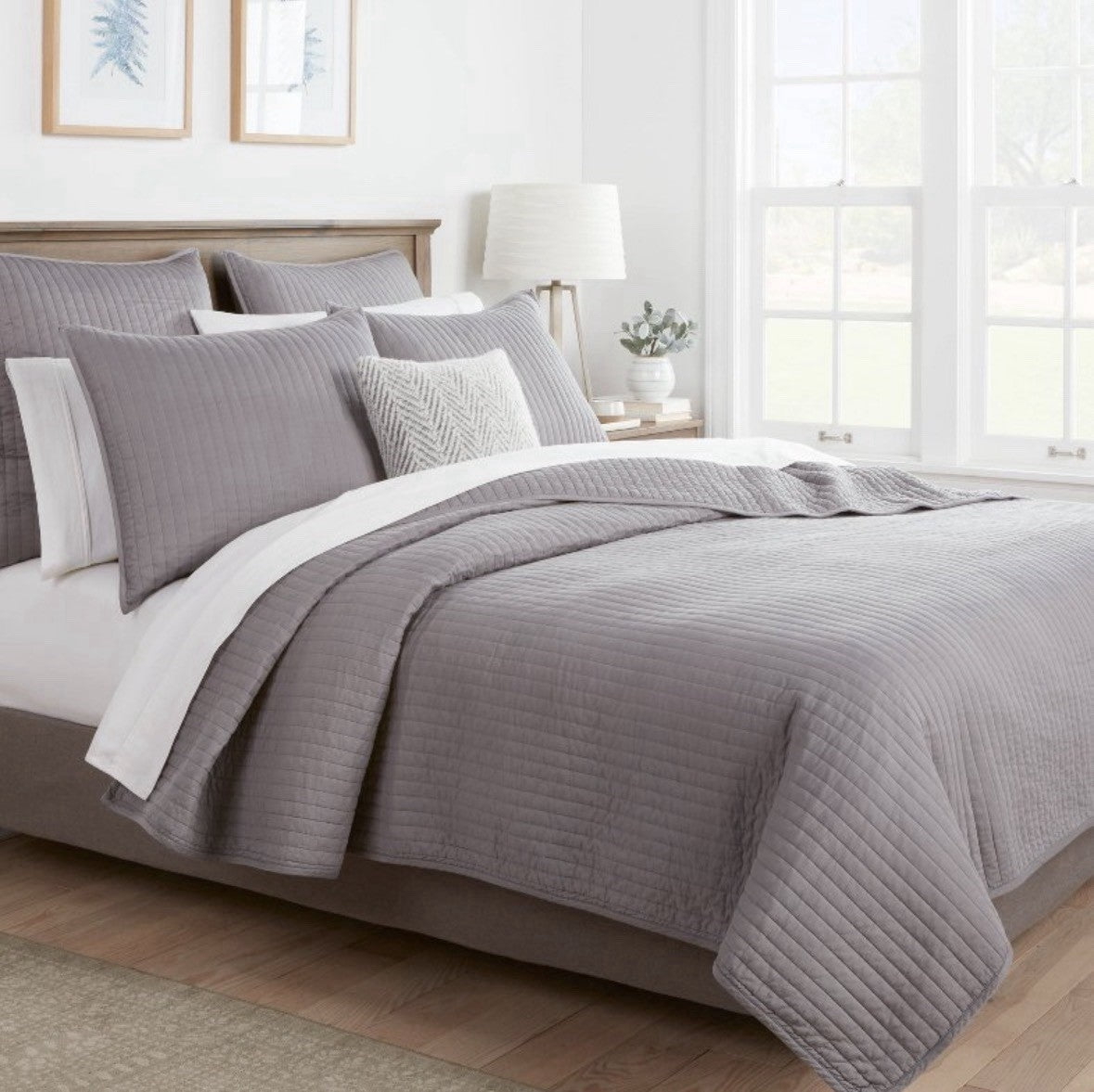 Gray Quilted Queen Size Solid Color Modern Quilt Coverlet Set Machine Washable