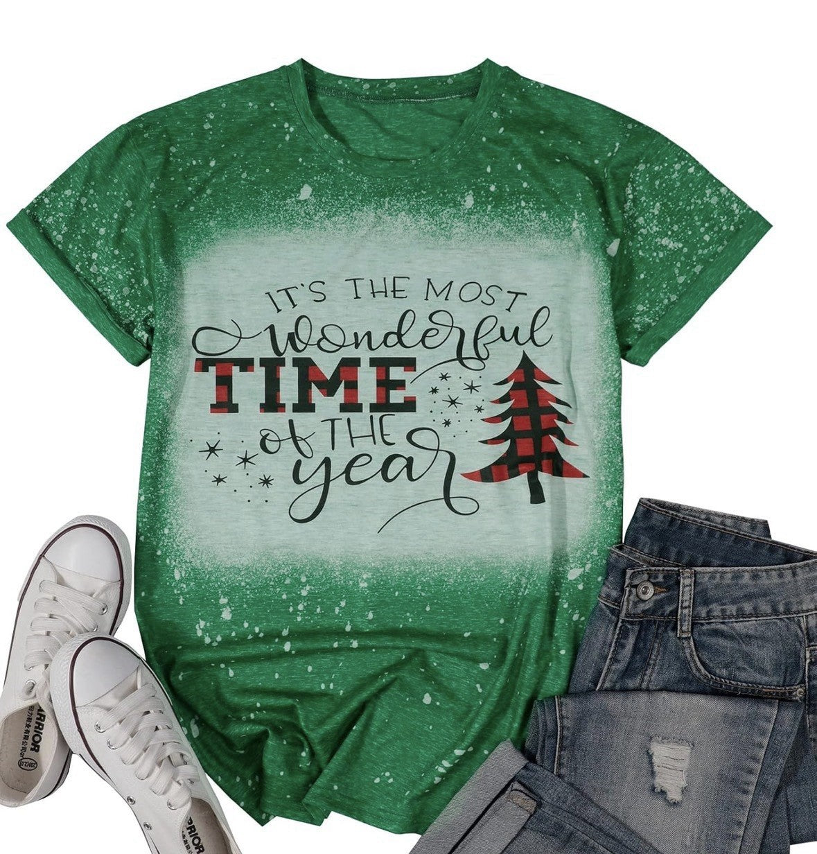 Green Christmas Graphic Tie Front Short Sleeve Crew Neck T-Shirt
