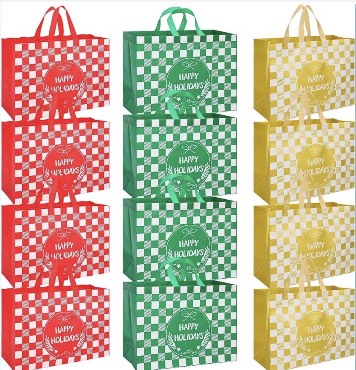 12pcs Extra Large Christmas Gift Tote Bags Checked Pattern Red Green Yellow