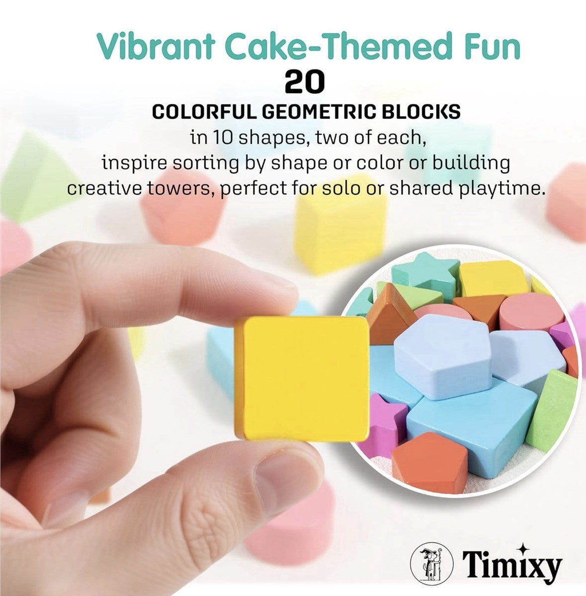 Timixy Cake Building Blocks Set, Wooden Geometric Shapes Sorting Toy for Kids 3+