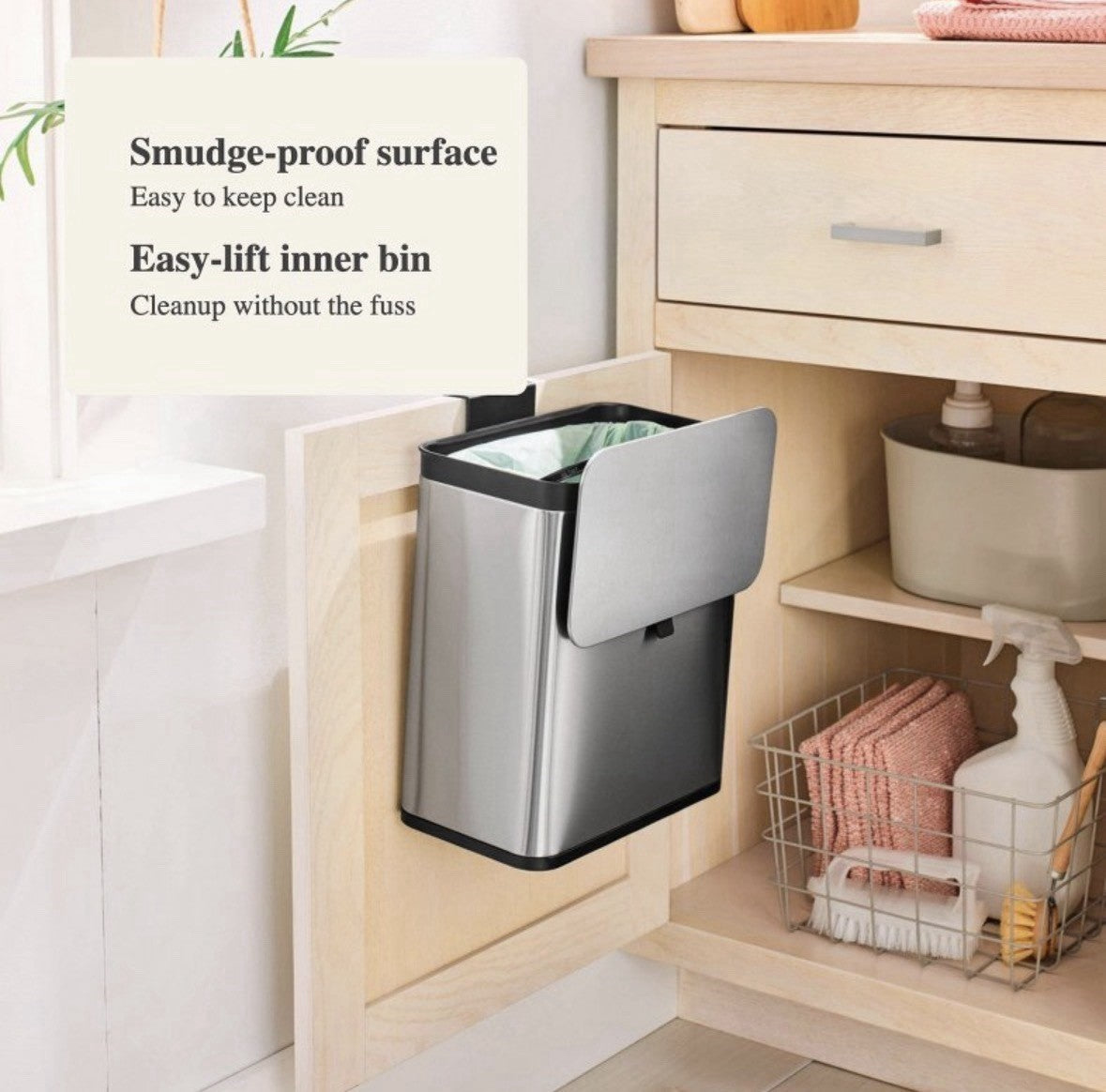 Built-In Pull Out Silver Trash Can, Smudge-Proof, Easy-Lift Inner Bin