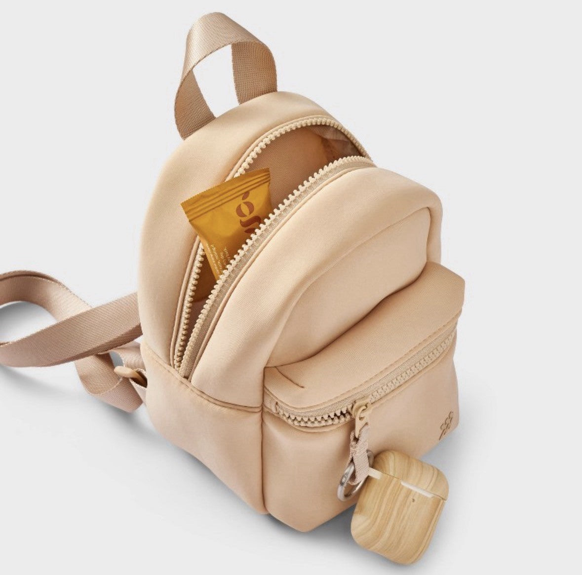 8.5” Neoprene Mini Backpack Beige All in motion Adjustable Strap Zipper Pockets