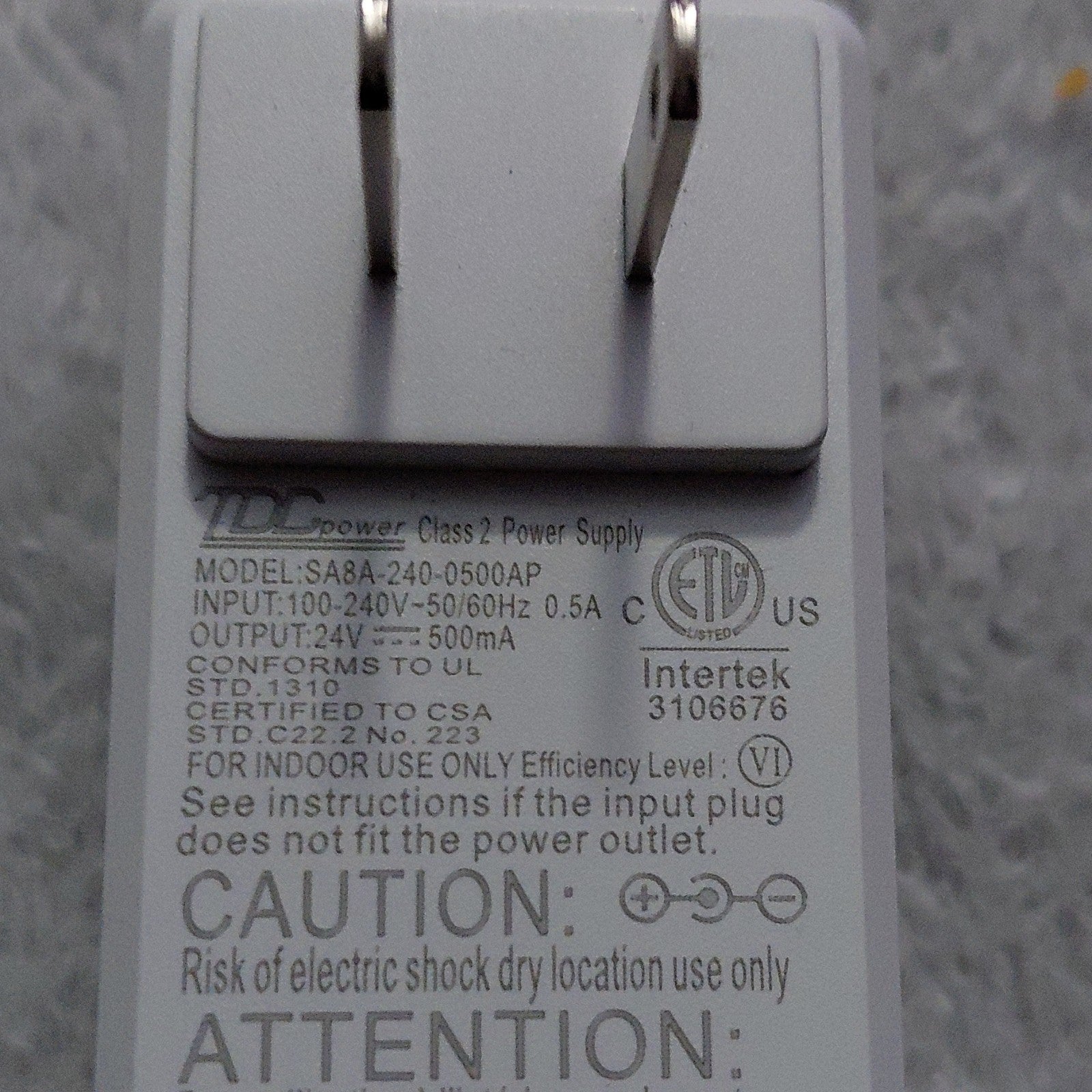 TDC Power 24V AC/DC Adapter SA8A-240-0500AP White 2-Contact AC Male US Plug