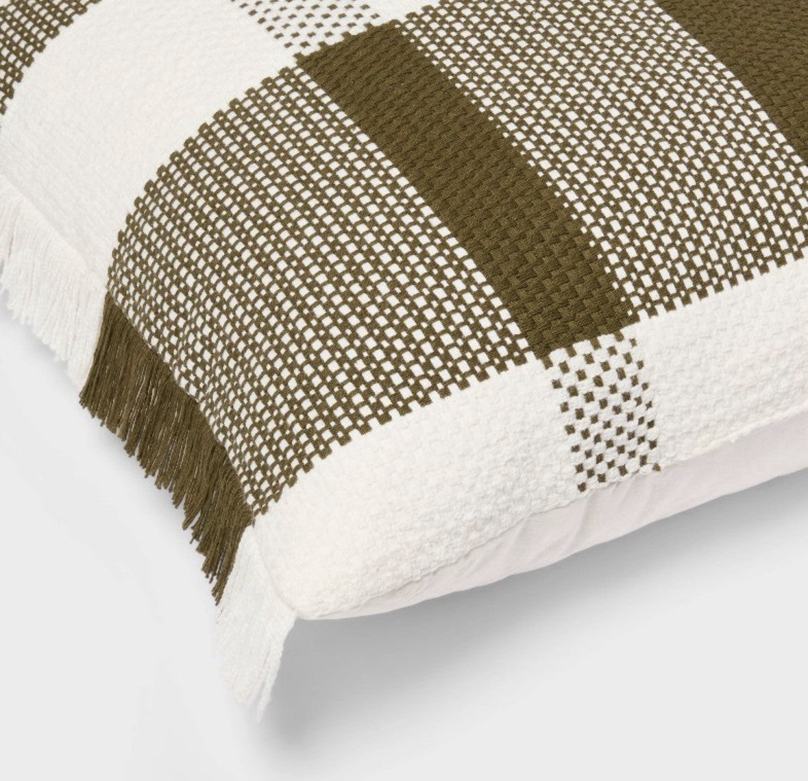 Plaid Square Throw Pillow Olive Green White Fringed Edges Decorative Home Accent
