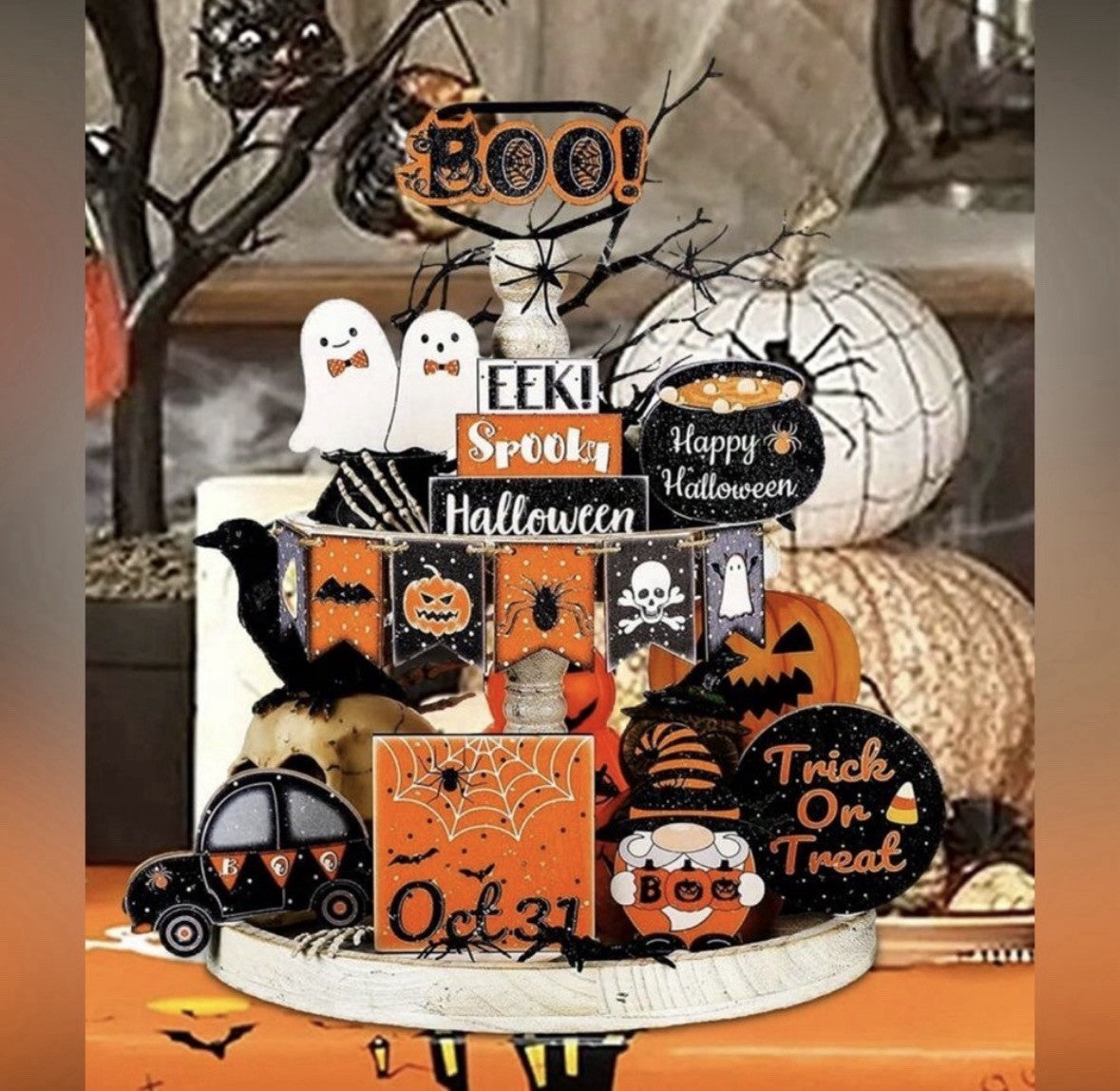 Halloween Wood Figurine Set Ghosts Pumpkins Bats Signs Assorted Matte Decor