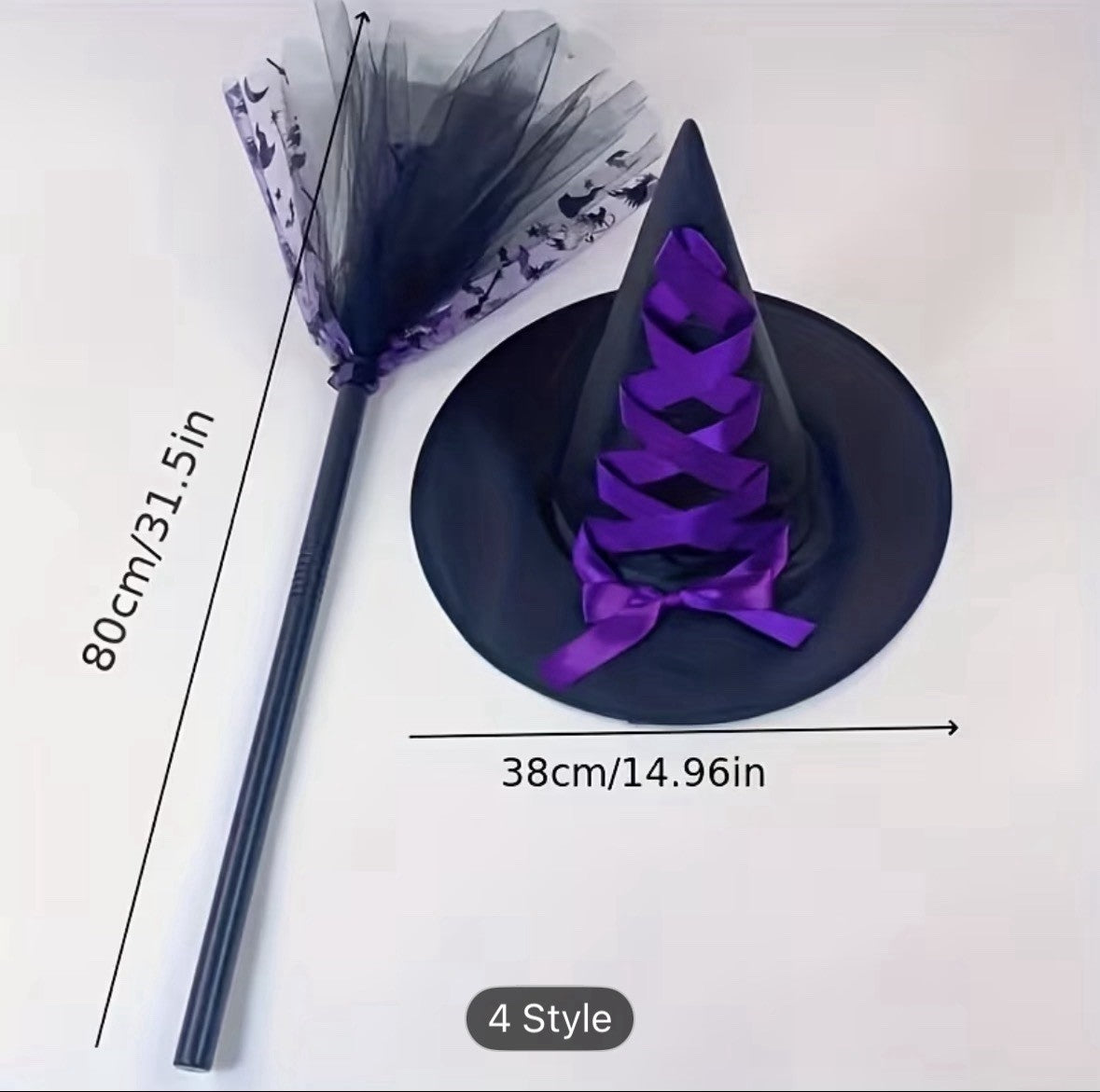 Purple Black Witch Costume Set Halloween Mesh Skirt Hat Broom Elastic