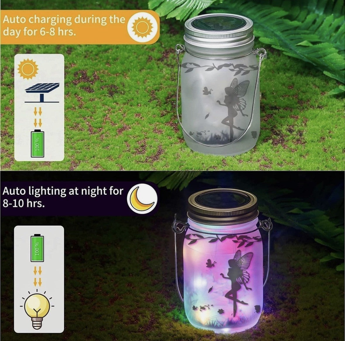 custom made mason jars with fairy lights, assorted designs, white or multicolor