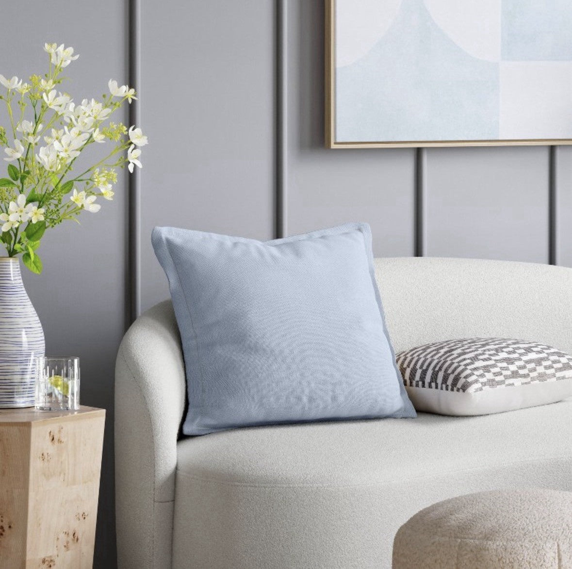 Linen Cotton Square Pillow Light Blue Beige Modern Solid Indoor Home Accent