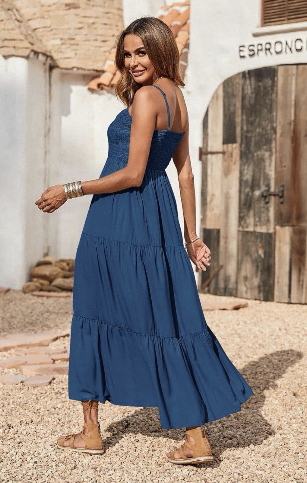 Blue Sleeveless Smocked Layered Maxi Dress Square Neck Empire Waist Women
