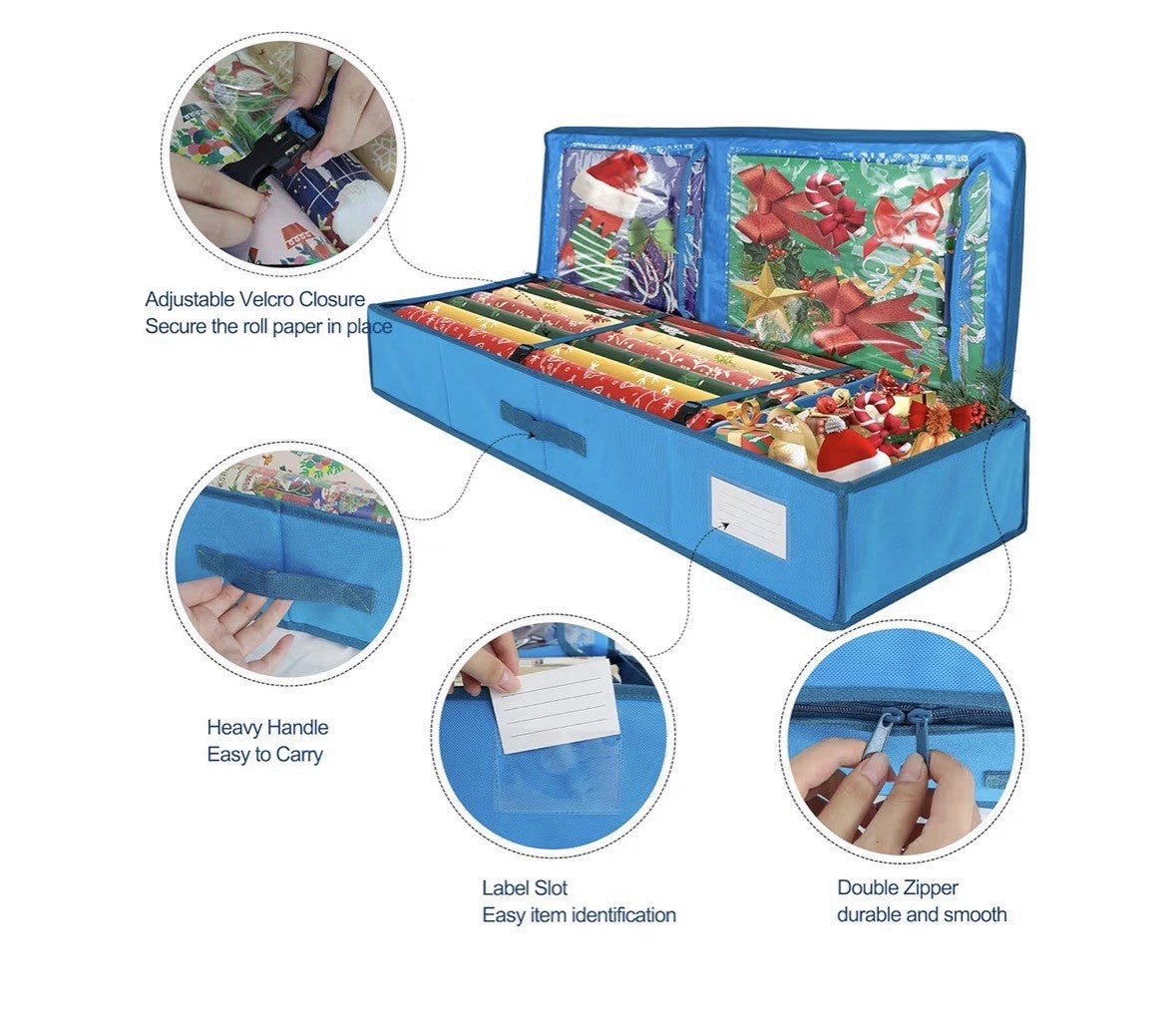 blue wrapping paper storage bag fits 24 rolls 3 compartments handle label slot