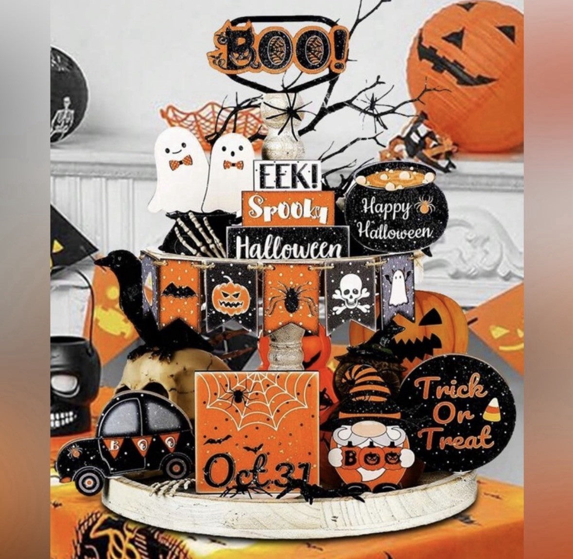 Halloween Wood Figurine Set Ghosts Pumpkins Bats Signs Assorted Matte Decor