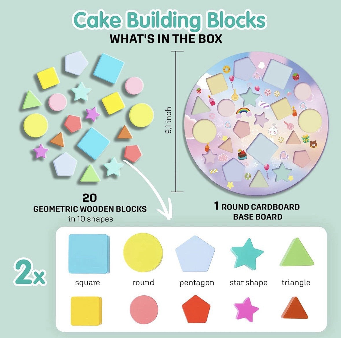 Timixy Cake Building Blocks Set, Wooden Geometric Shapes Sorting Toy for Kids 3+