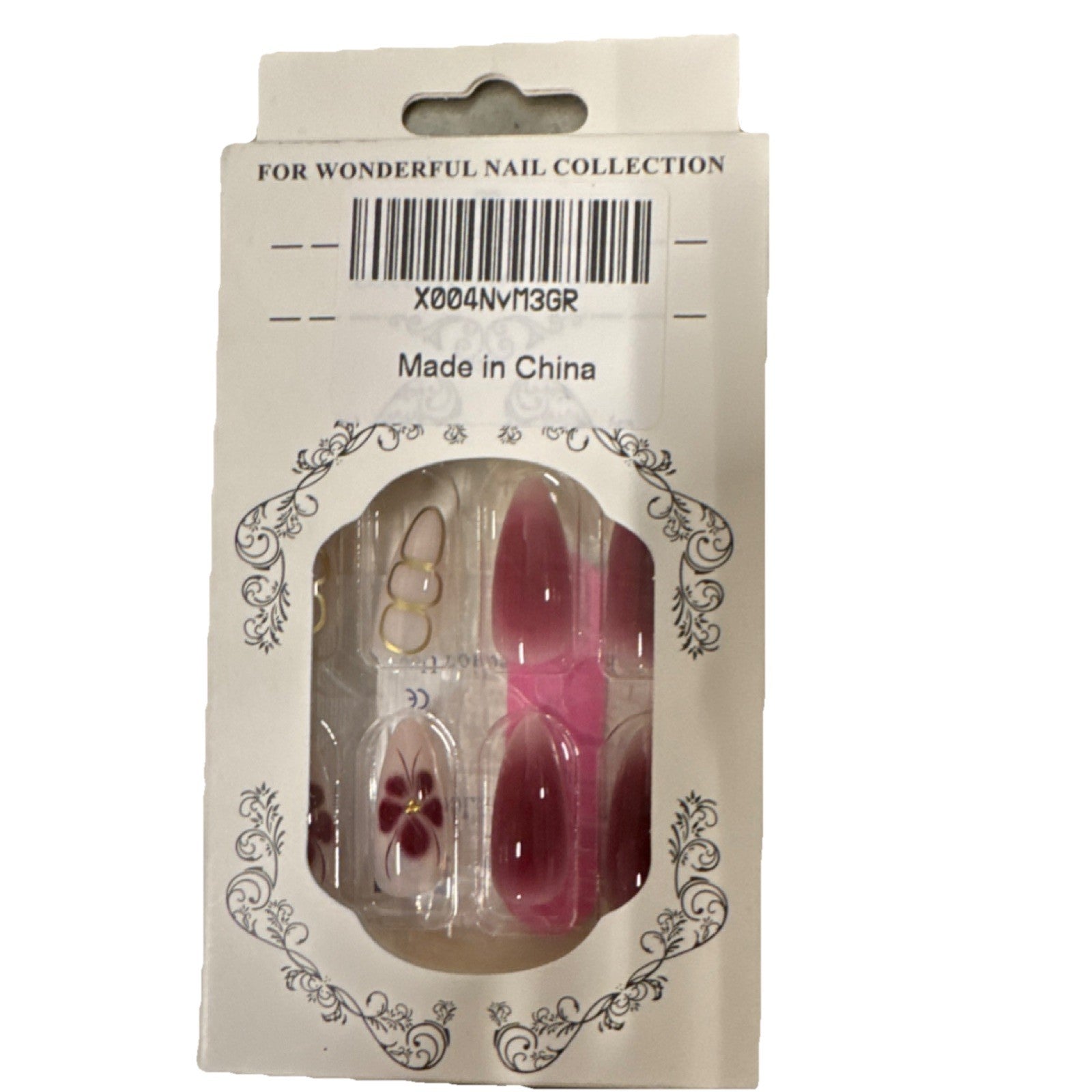 3D Pink Clear Almond Press-On Nails Full Cover Flower Design Pre-Designed Set