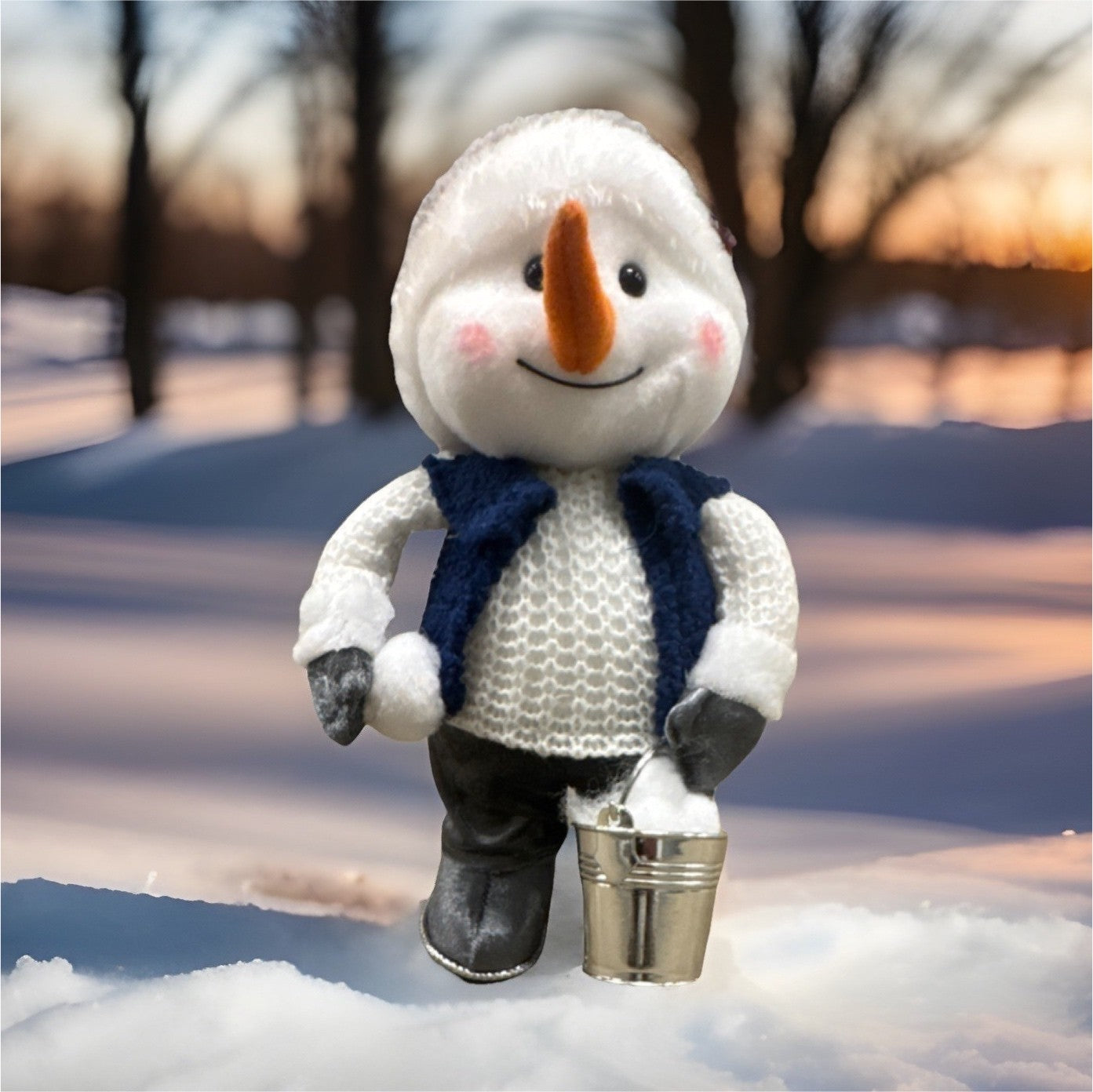 Winter Holiday Snowman Figurine Blue Vest Bucket Seasonal Christmas Decor