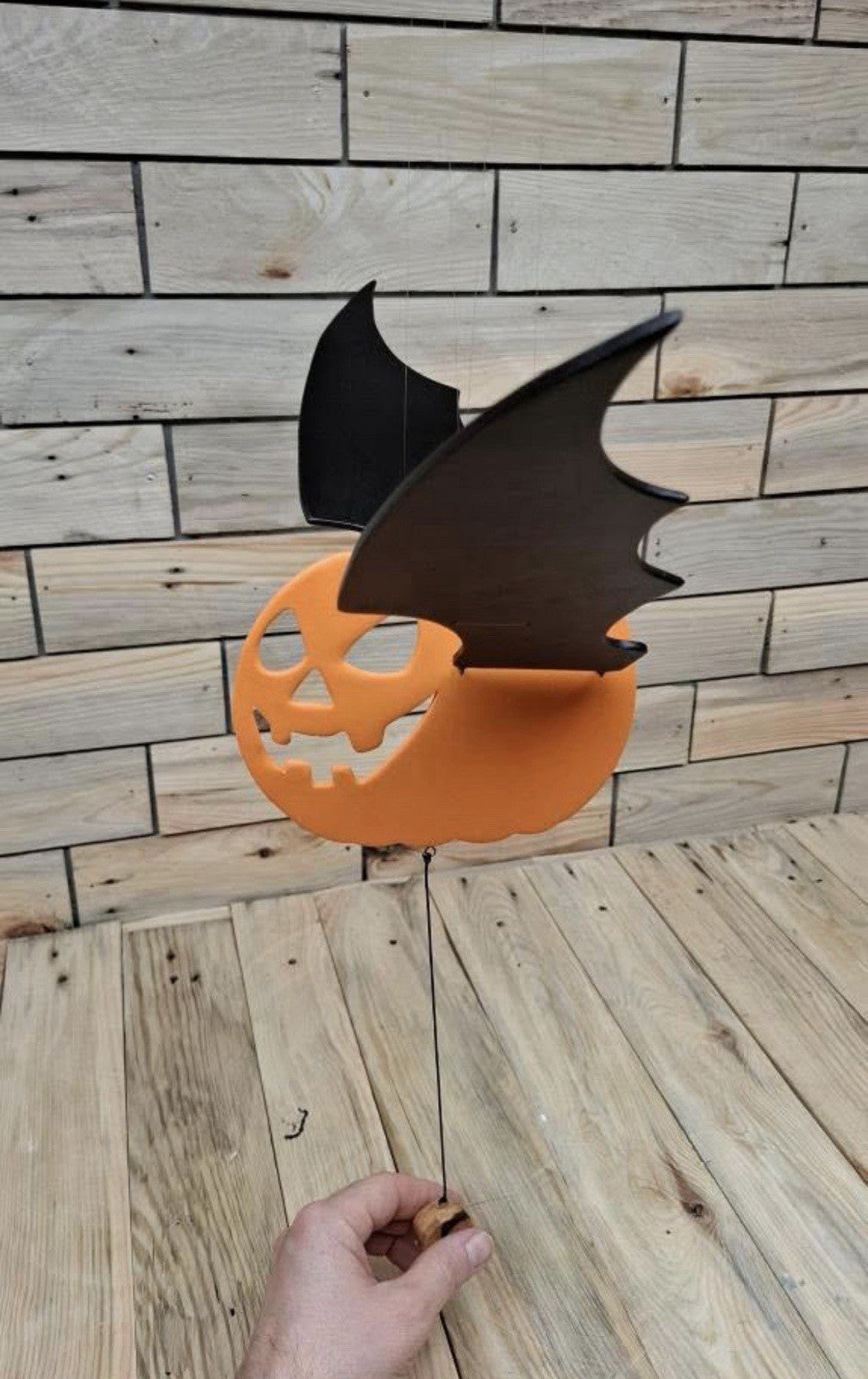 Wooden Halloween Pumpkin Bat Decorative Figure Orange Black