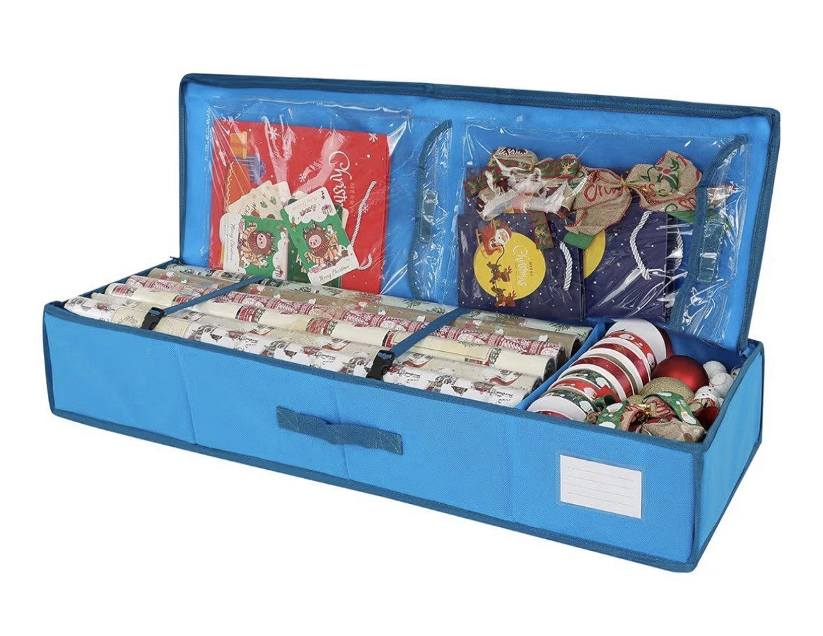 blue wrapping paper storage bag fits 24 rolls 3 compartments handle label slot