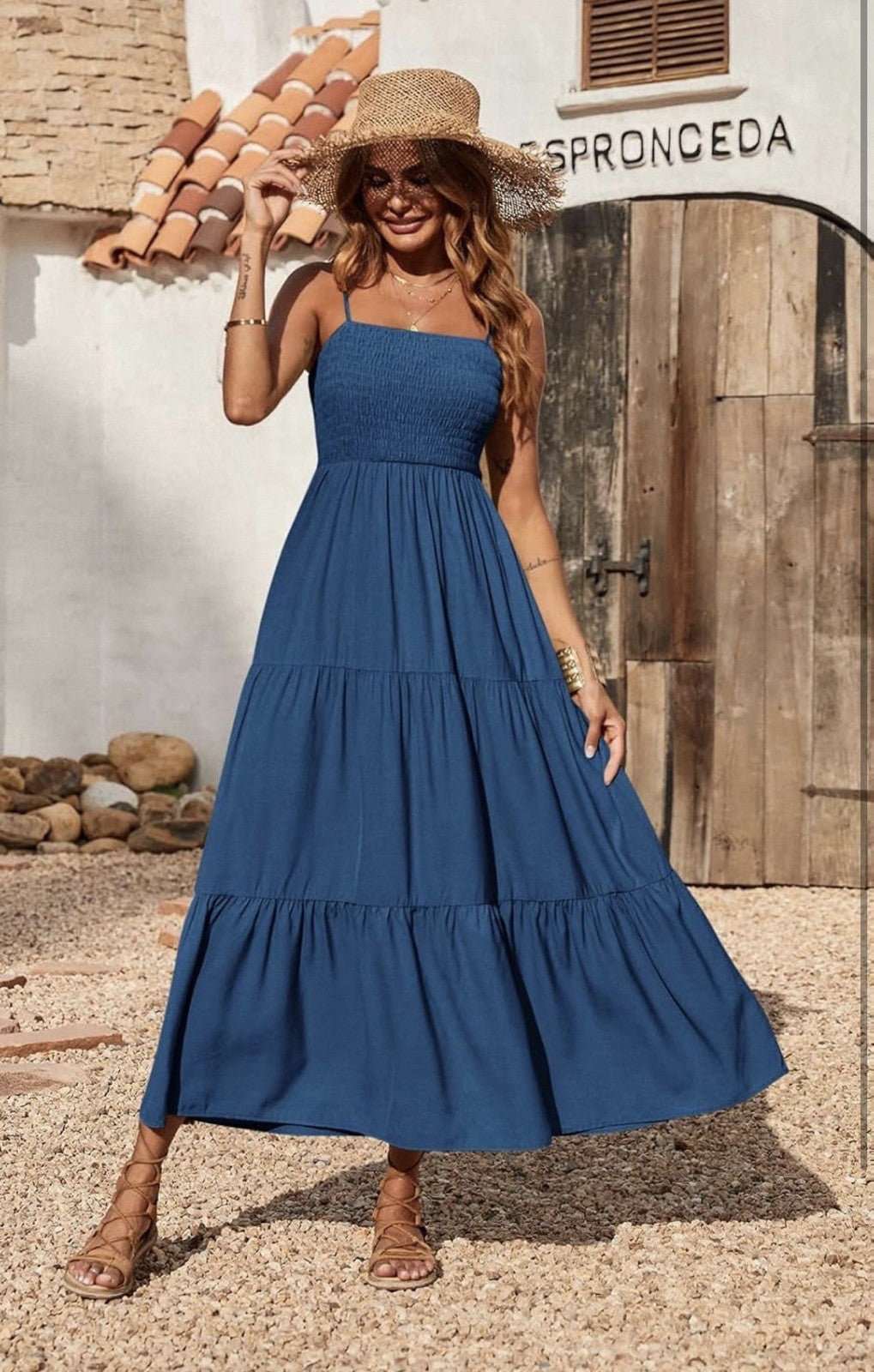 Blue Sleeveless Smocked Layered Maxi Dress Square Neck Empire Waist Women