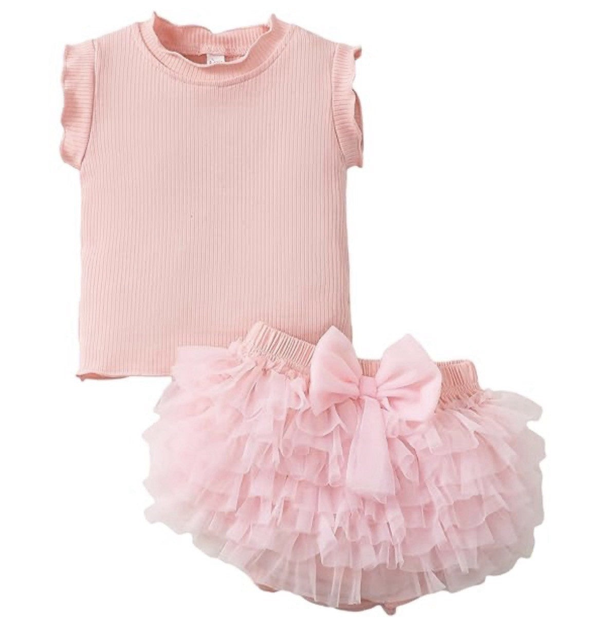 Girls Pink Sleeveless Top & Ruffled Skirt Set with Bow, Cotton Tulle, 2 Piece