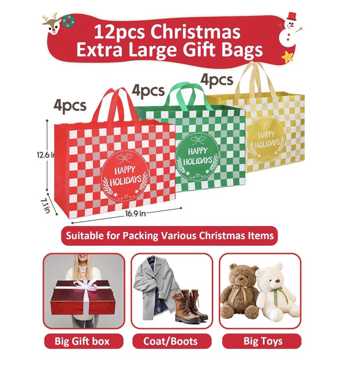 12pcs Extra Large Christmas Gift Tote Bags Checked Pattern Red Green Yellow