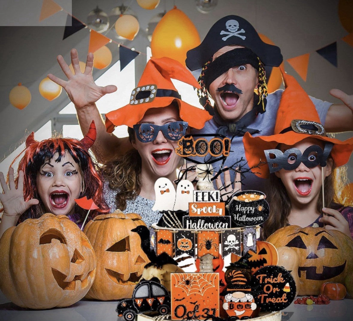 Halloween Wood Figurine Set Ghosts Pumpkins Bats Signs Assorted Matte Decor