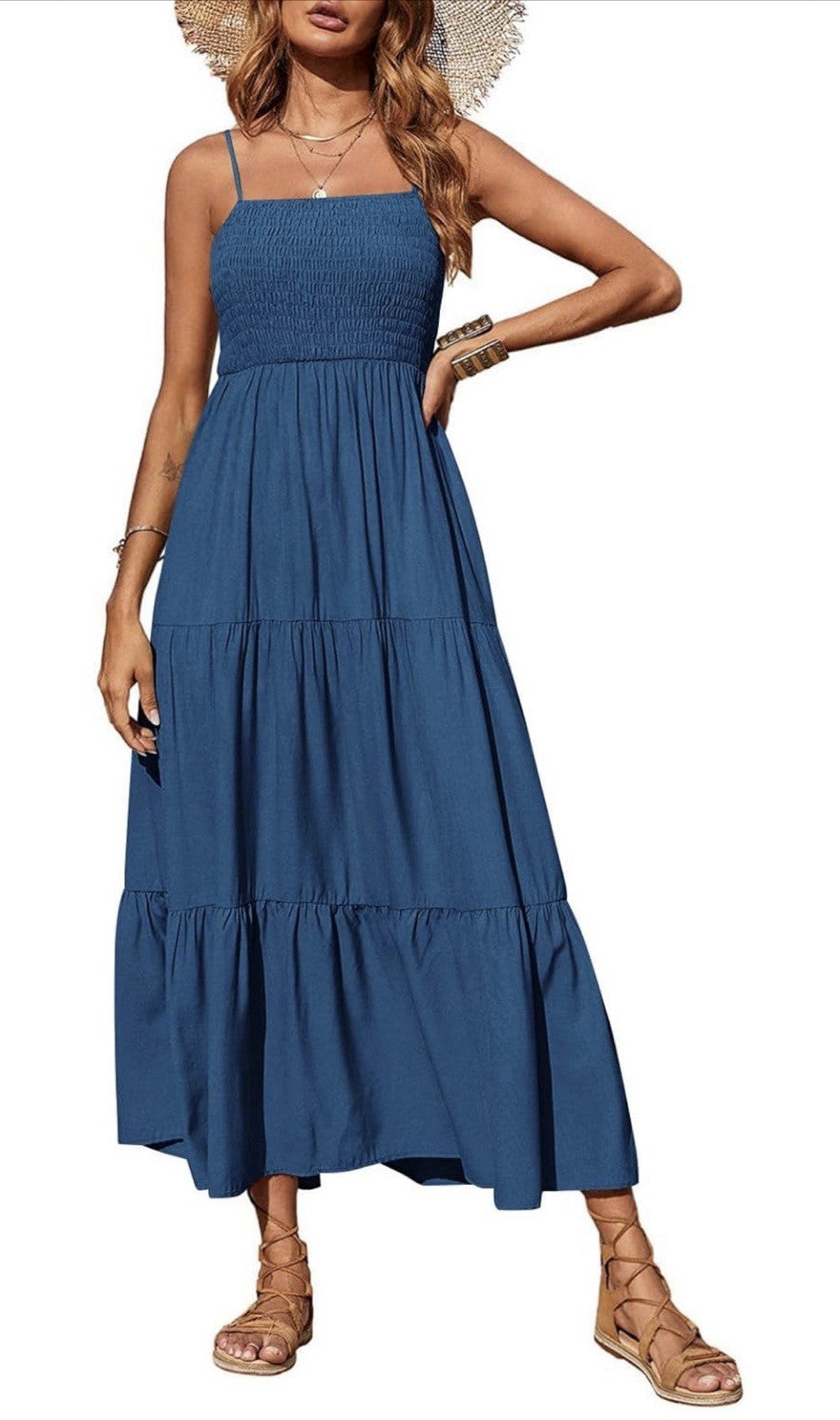 Blue Sleeveless Smocked Layered Maxi Dress Square Neck Empire Waist Women