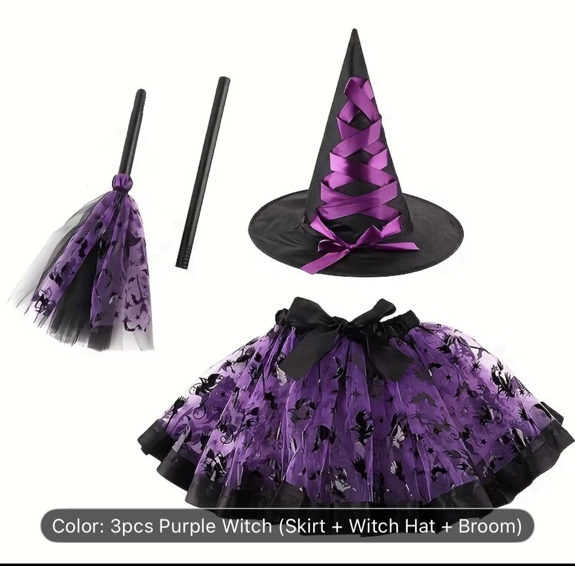 Purple Black Witch Costume Set Halloween Mesh Skirt Hat Broom Elastic