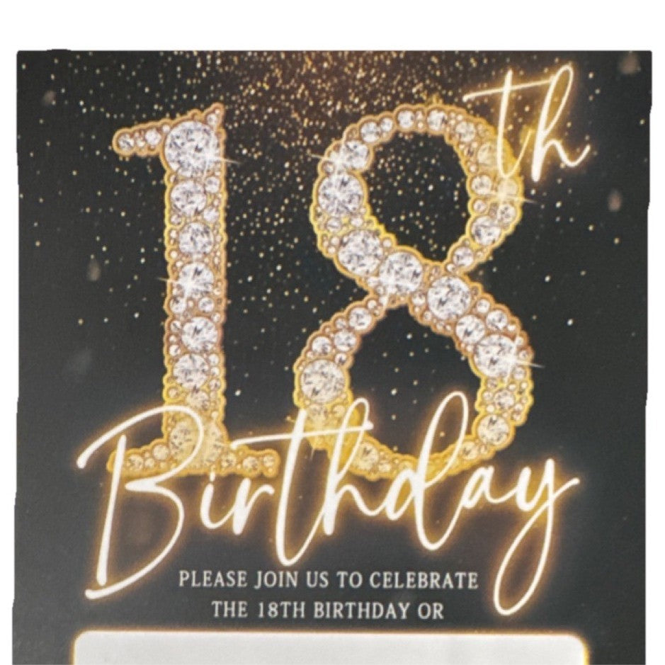 18th Birthday Invitation Flat Card Black Gold Glitter Birthday Party 20 count