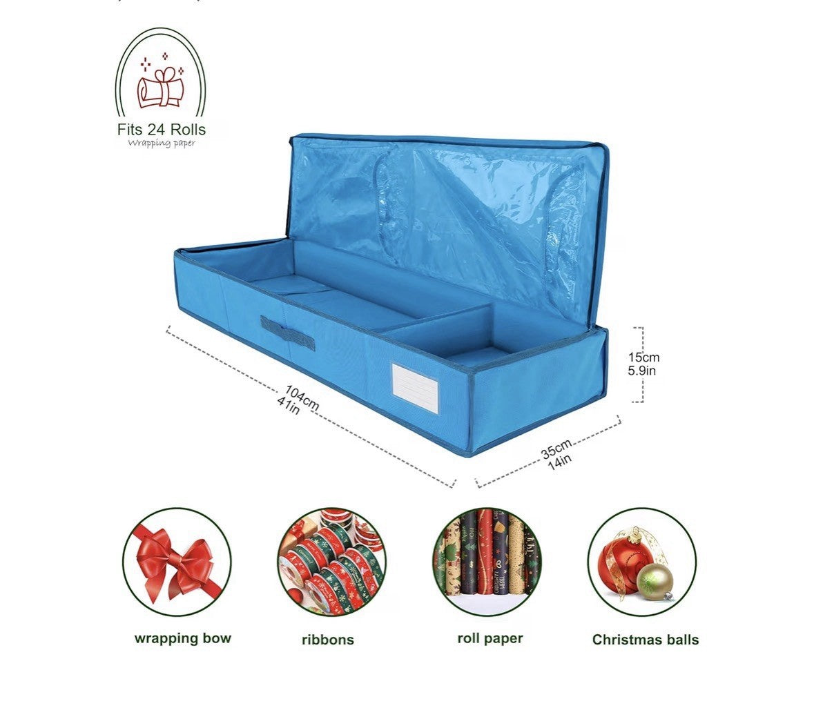 blue wrapping paper storage bag fits 24 rolls 3 compartments handle label slot