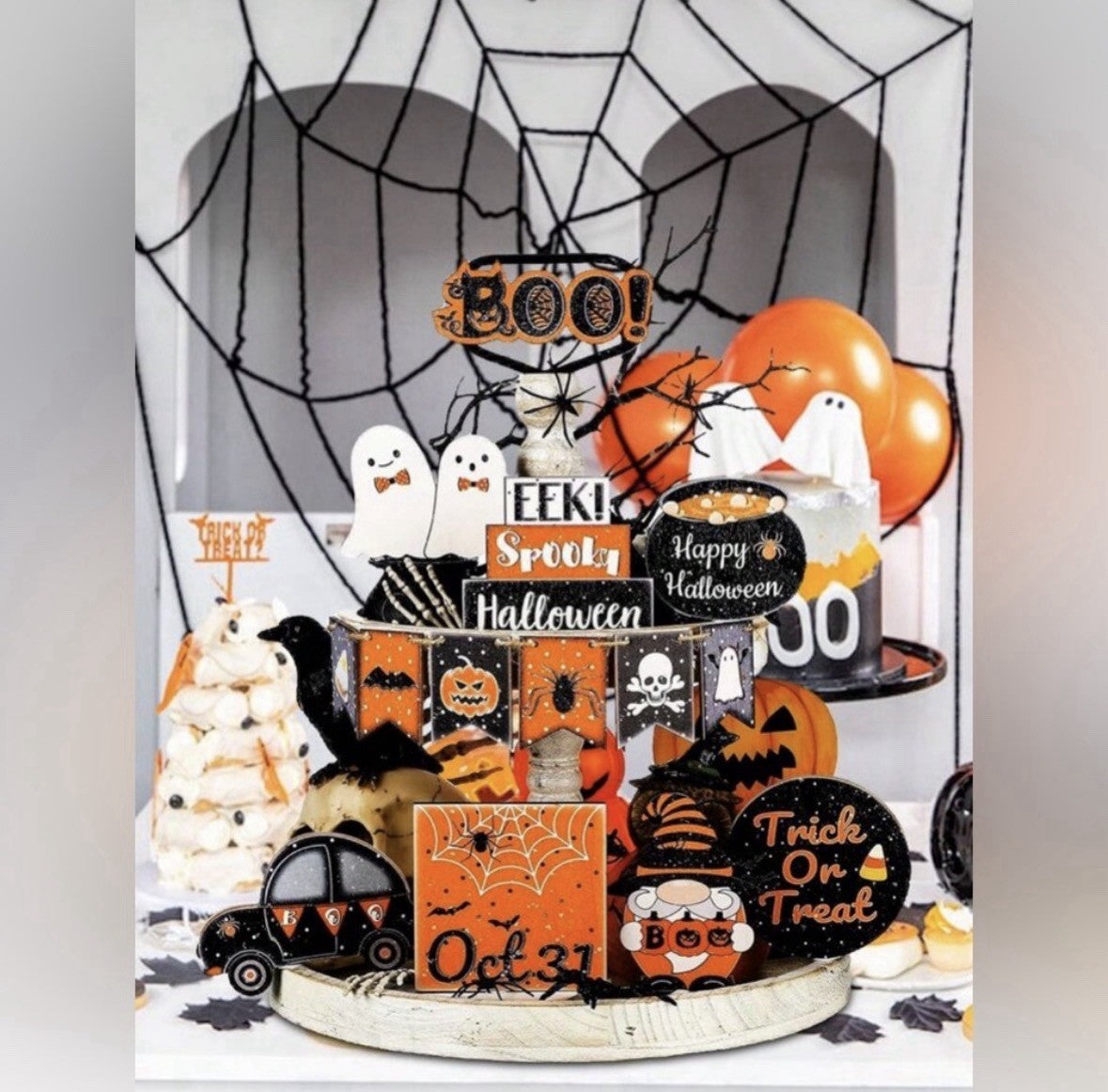 Halloween Wood Figurine Set Ghosts Pumpkins Bats Signs Assorted Matte Decor