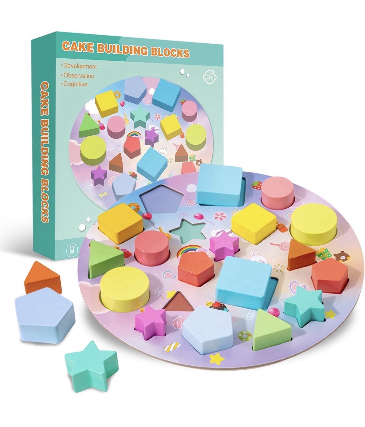 Timixy Cake Building Blocks Set, Wooden Geometric Shapes Sorting Toy for Kids 3+