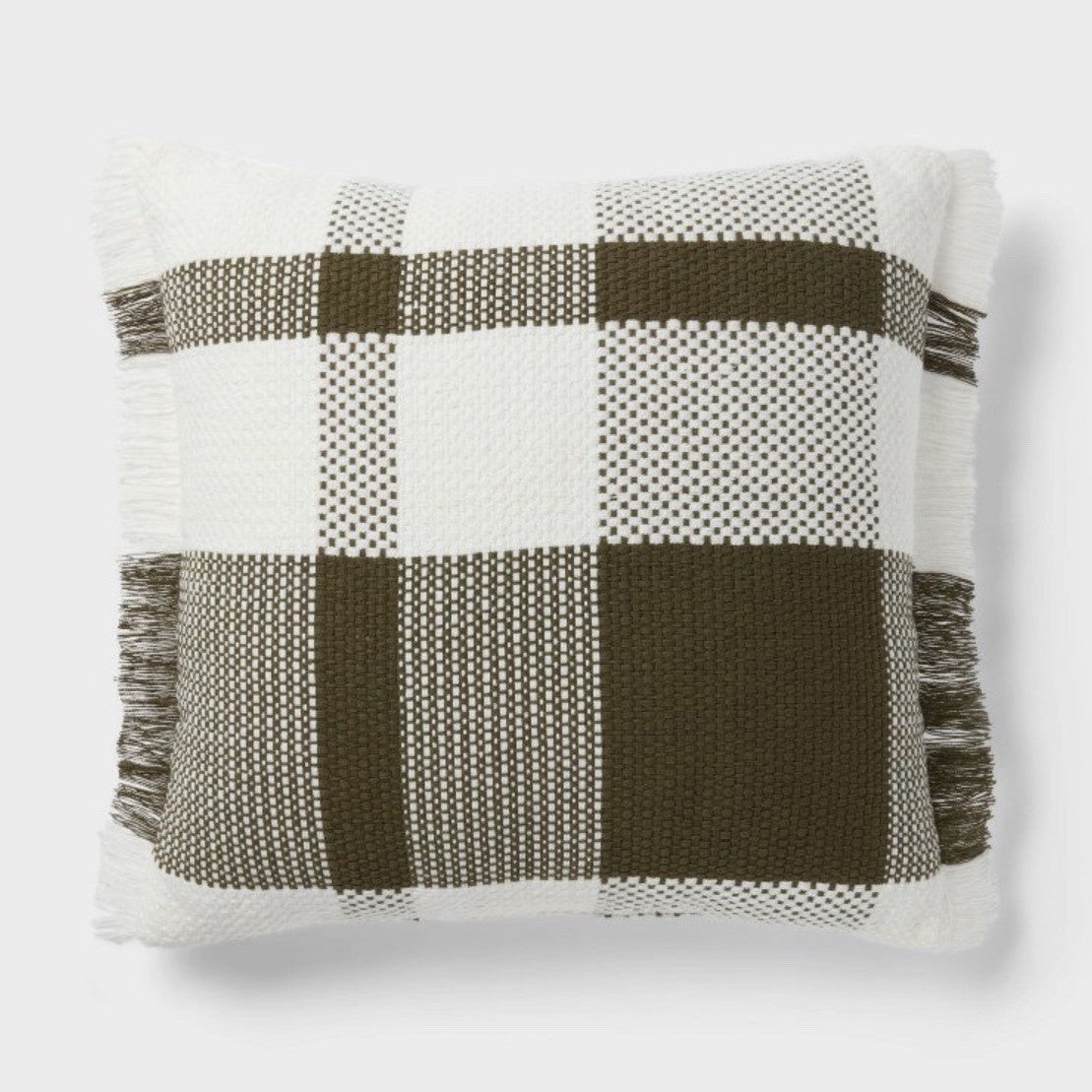Plaid Square Throw Pillow Olive Green White Fringed Edges Decorative Home Accent